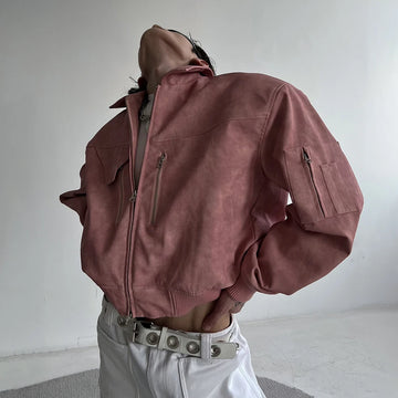 Mens Autumn Winter American Street Retro Distressed Suede Jacket Gender-Neutral Short Loose Casual Trend Biker Jacket Unisex